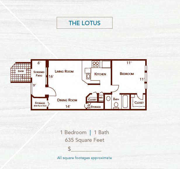 Floor plan for 1 bed, 1 bath, 635 sqft